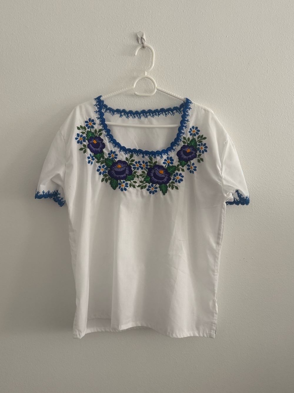 Mexican Hand Made Embroidered White Blouse with Blue Floral Accents from Mexico